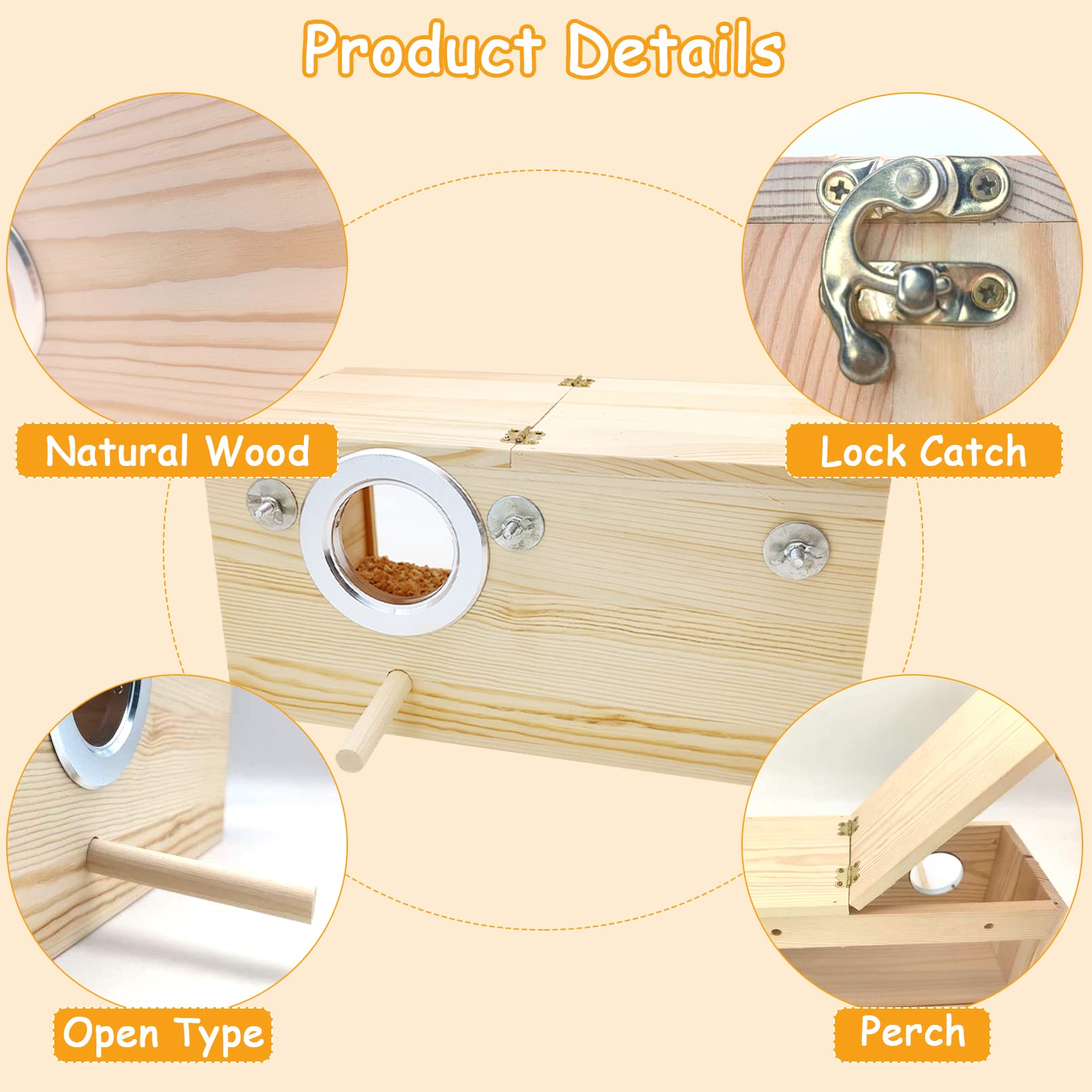 PINVNBY natural wood parakeet nesting box acrylic side highlights clear interior for monitoring.