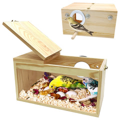 PINVNBY natural wood parakeet nesting box front view reveals a clear, observable nesting space.