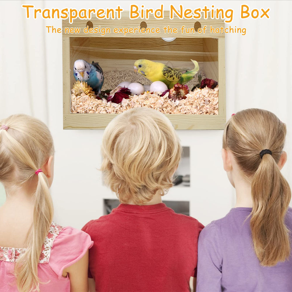 PINVNBY natural wood parakeet nesting box mounted-in-cage for flexible placement and space efficiency.