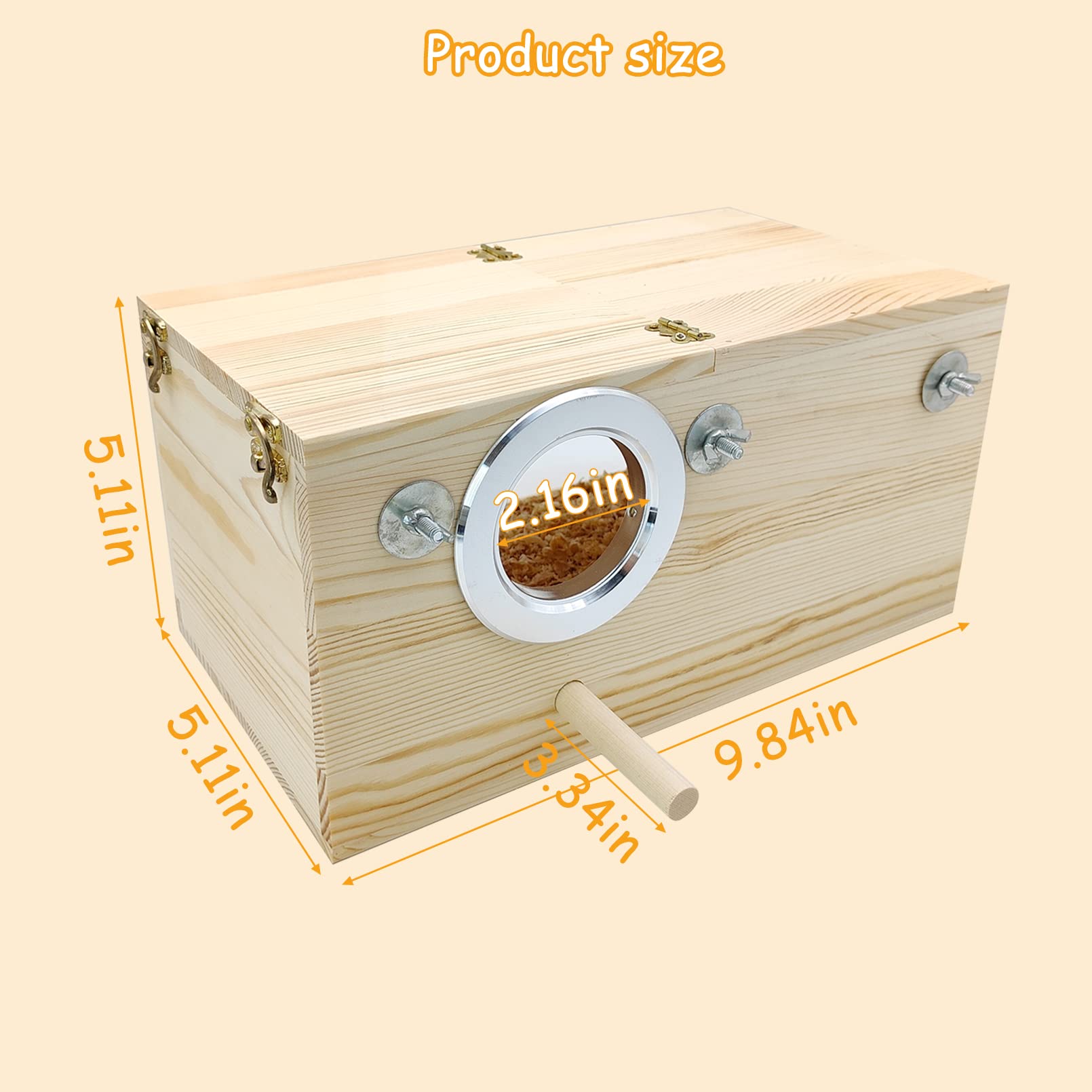 PINVNBY natural wood parakeet nesting box side view shows warm insulation and cozy interior.