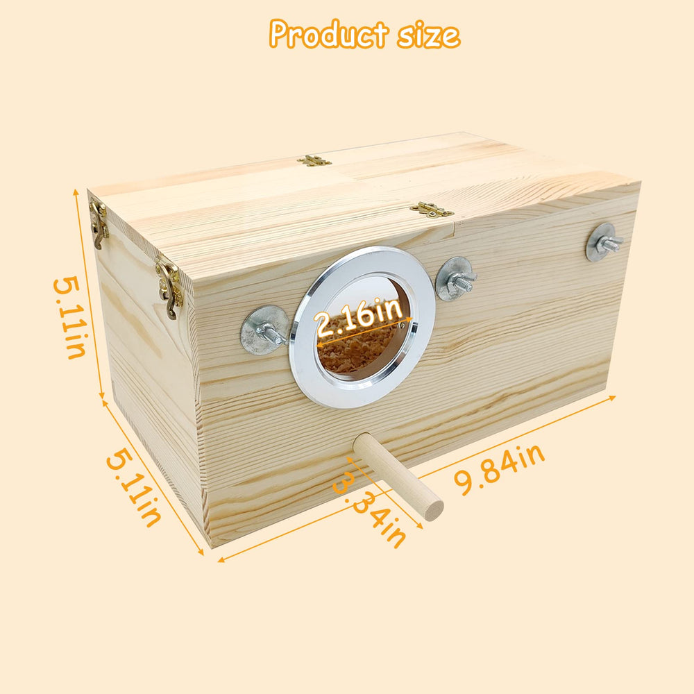 PINVNBY natural wood parakeet nesting box side view shows warm insulation and cozy interior.
