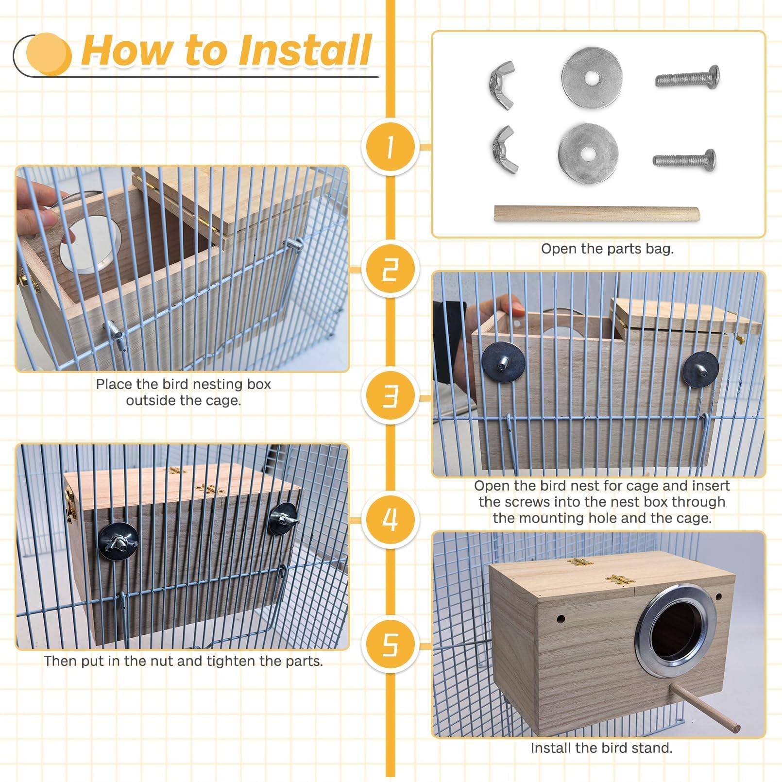 PINVNBY nesting box bird stand provides a roosting and feeding perch.
