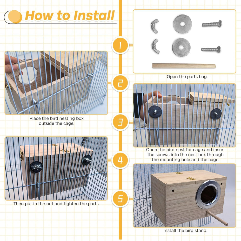 PINVNBY nesting box bird stand provides a roosting and feeding perch.