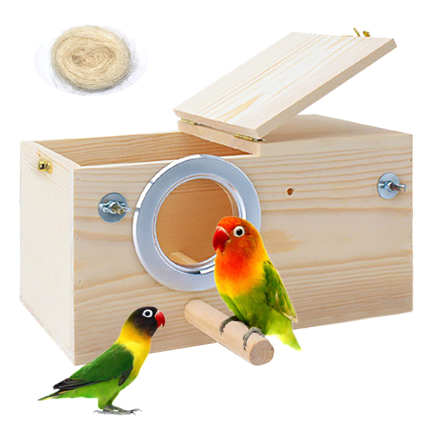 PINVNBY parakeet nesting box with lid open showing easy cleaning access