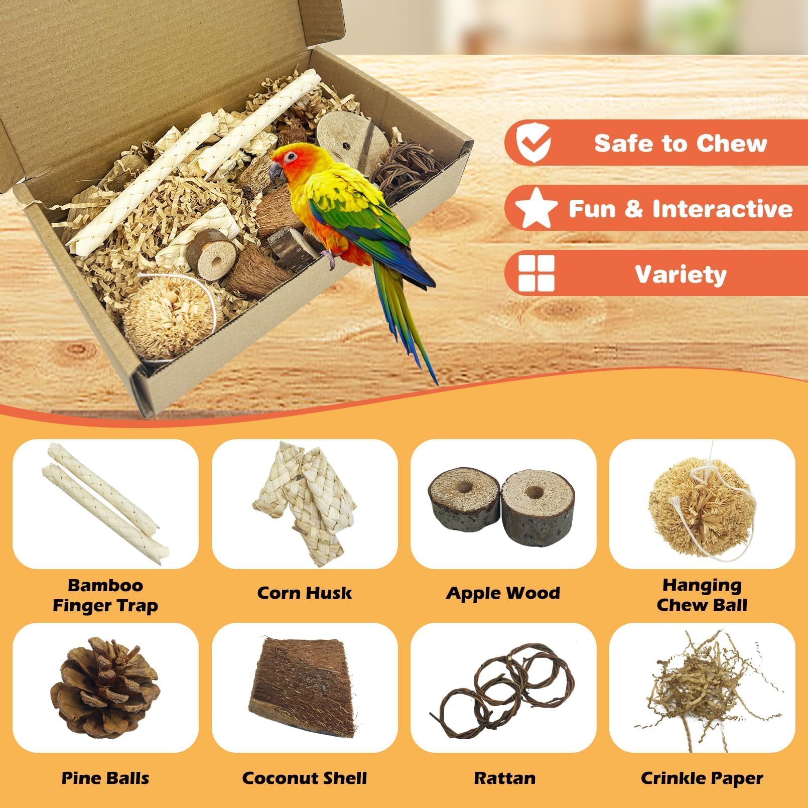 PINVNBY parrot toy textures walnut loofah—durable chew and shred material.