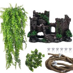 PINVNBY reptile resin castle inside tank provides secure hideouts and visual interest.
