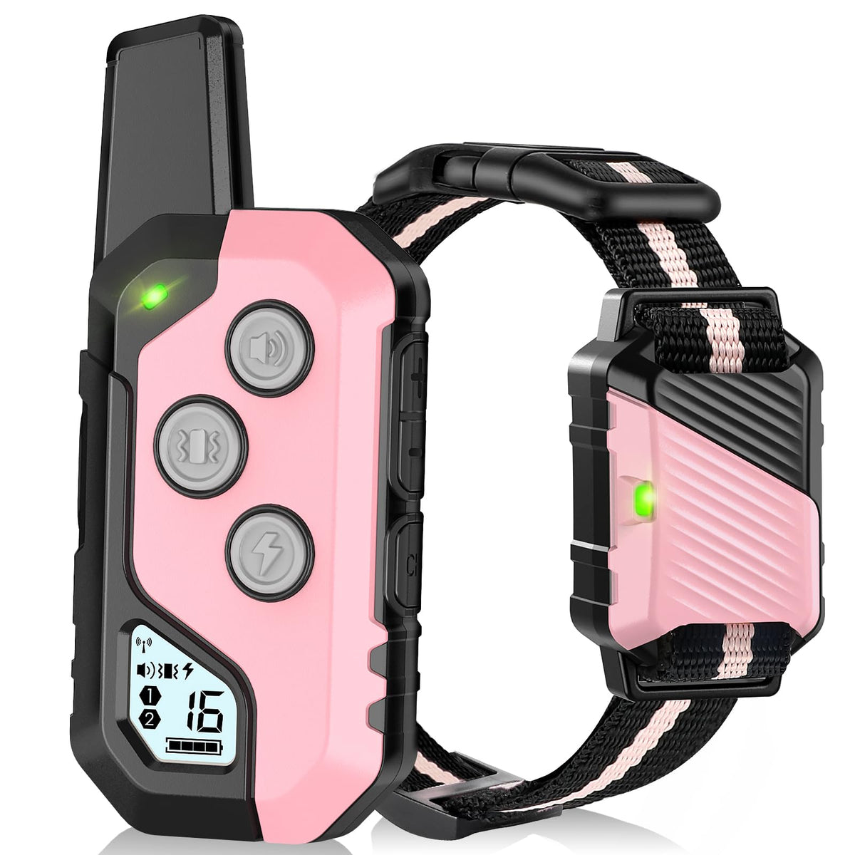 PIOUNS shock collar remote closeup with battery display for precise training control