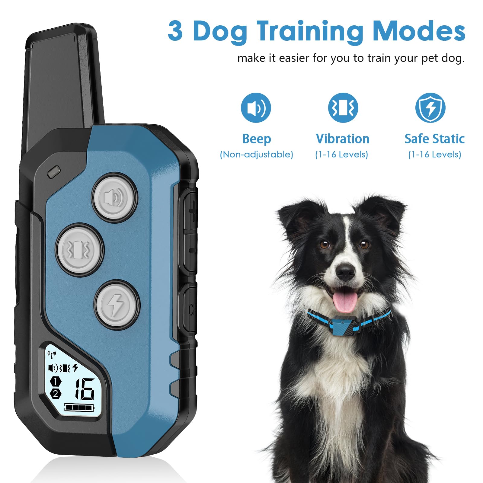 PIOUNS training collar beep mode highlights gentle cue option.