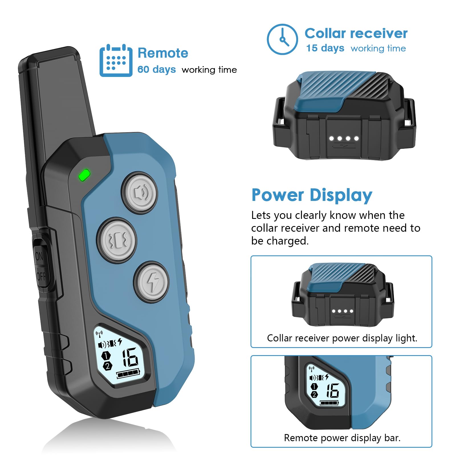 PIOUNS collar vibration mode illustrates adjustable training intensity.