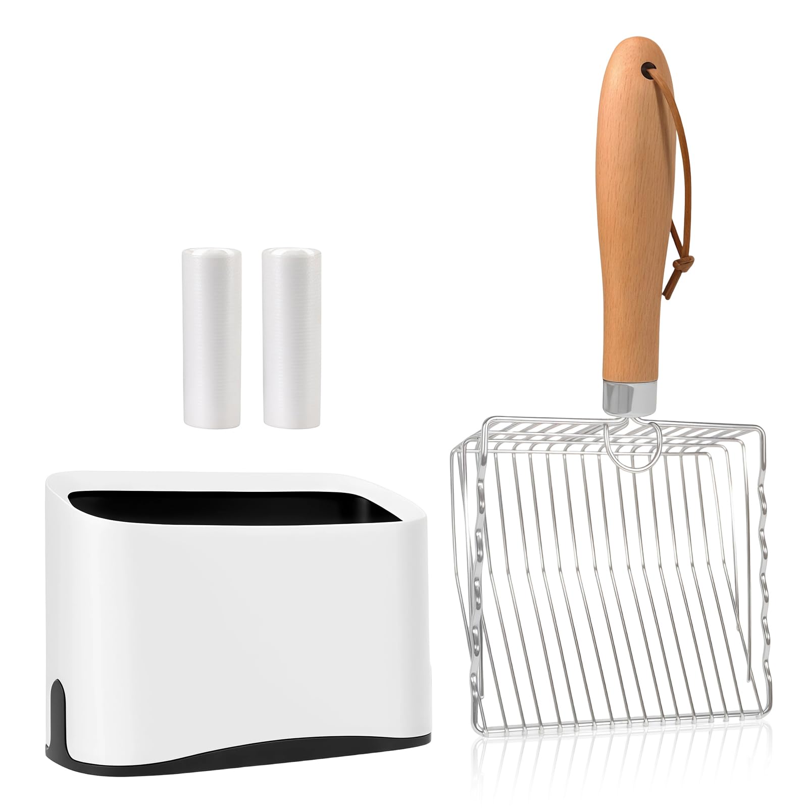 PIPIMOO cat litter scooper with holder provides convenient stand for quick cleanup.