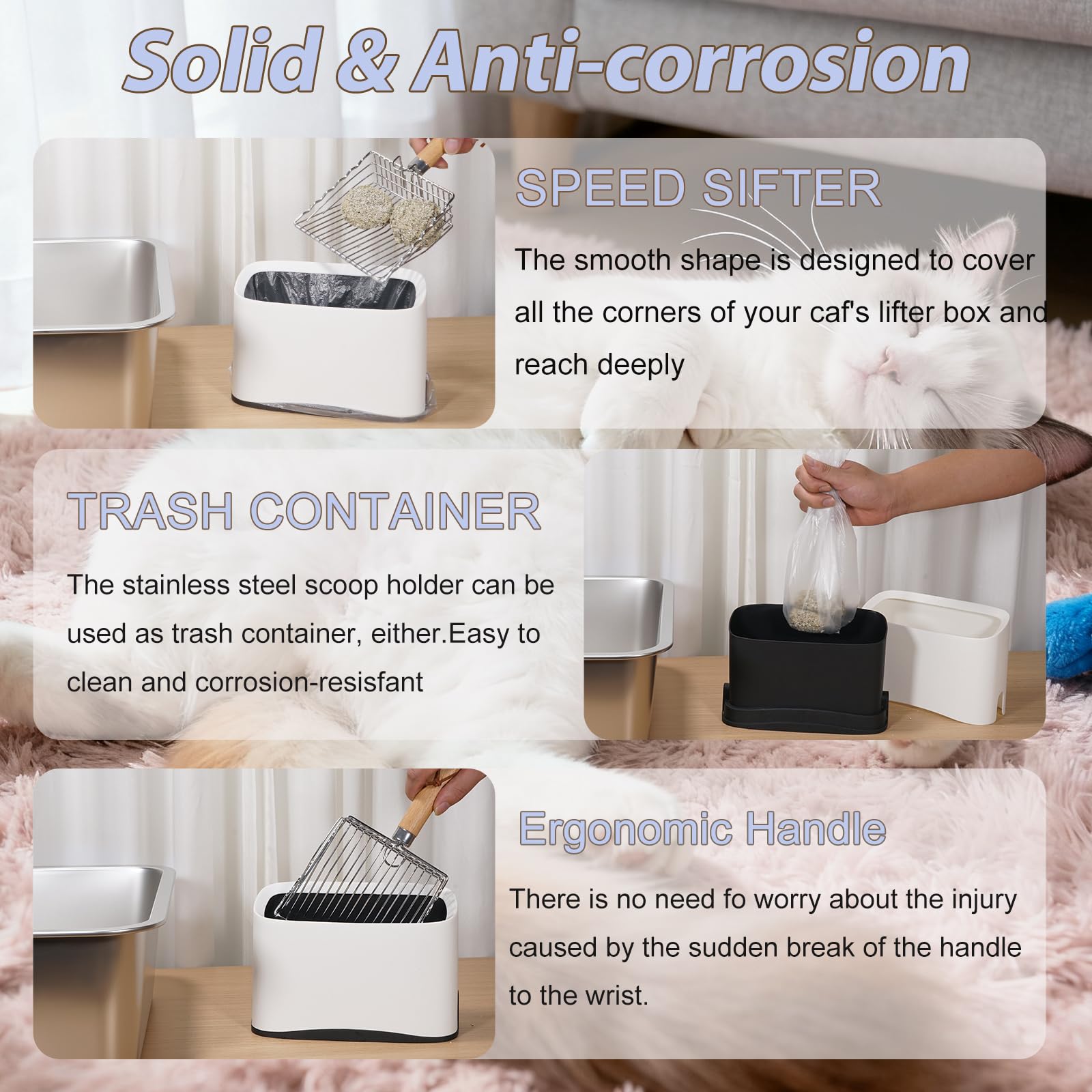 PIPIMOO stainless steel cat litter scoop resists rust and stays durable.