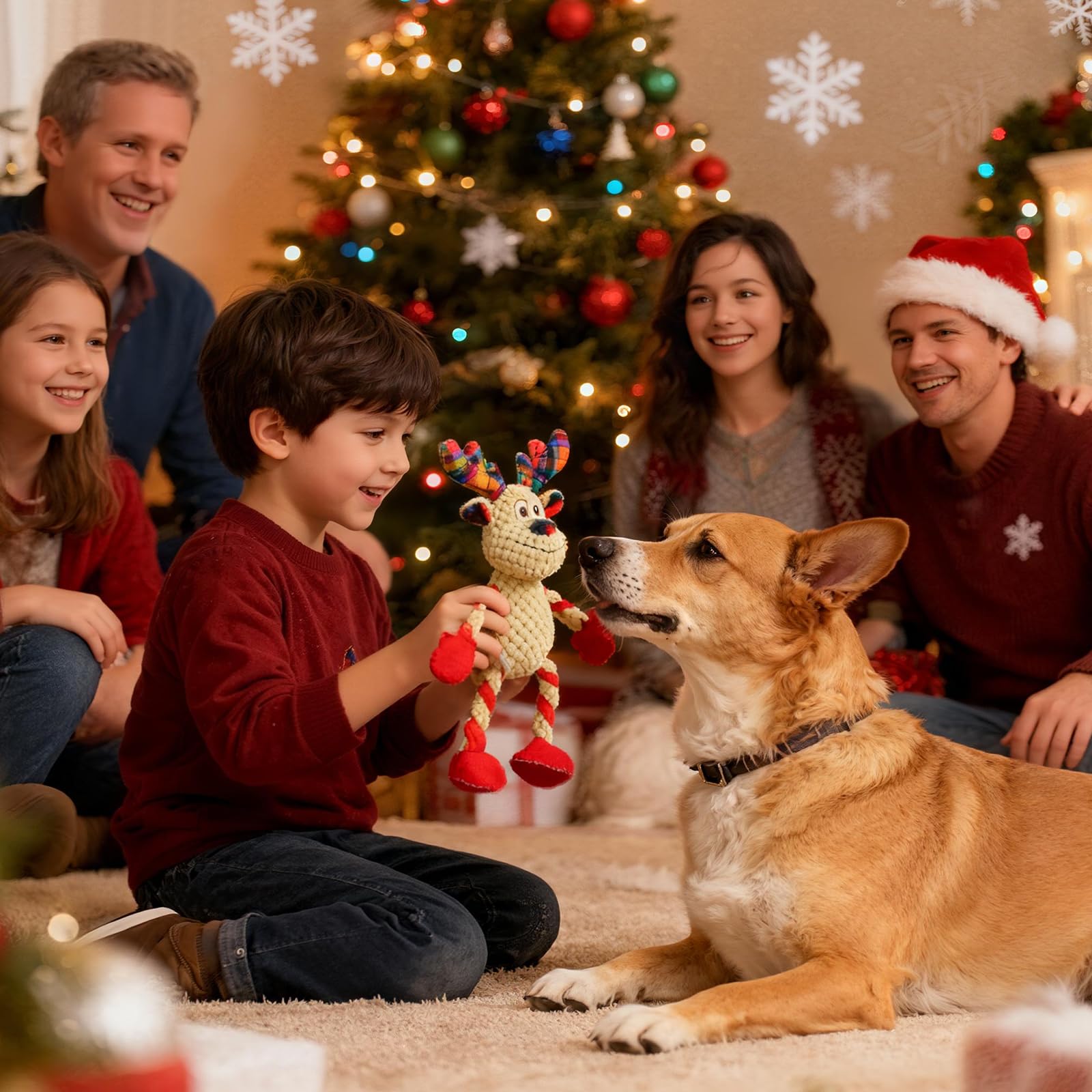 PIRTA happy dogs enjoying reindeer toy during festive moments.