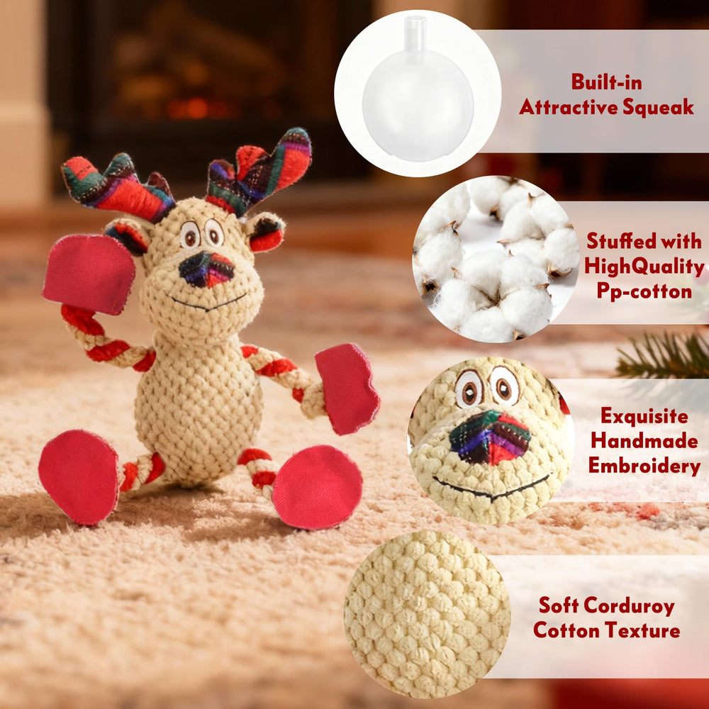 PIRTA plush reindeer dog toy closeup shows charming squeaker for interaction.