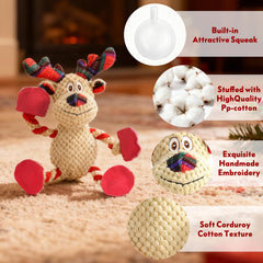 PIRTA plush reindeer dog toy closeup shows charming squeaker for interaction.