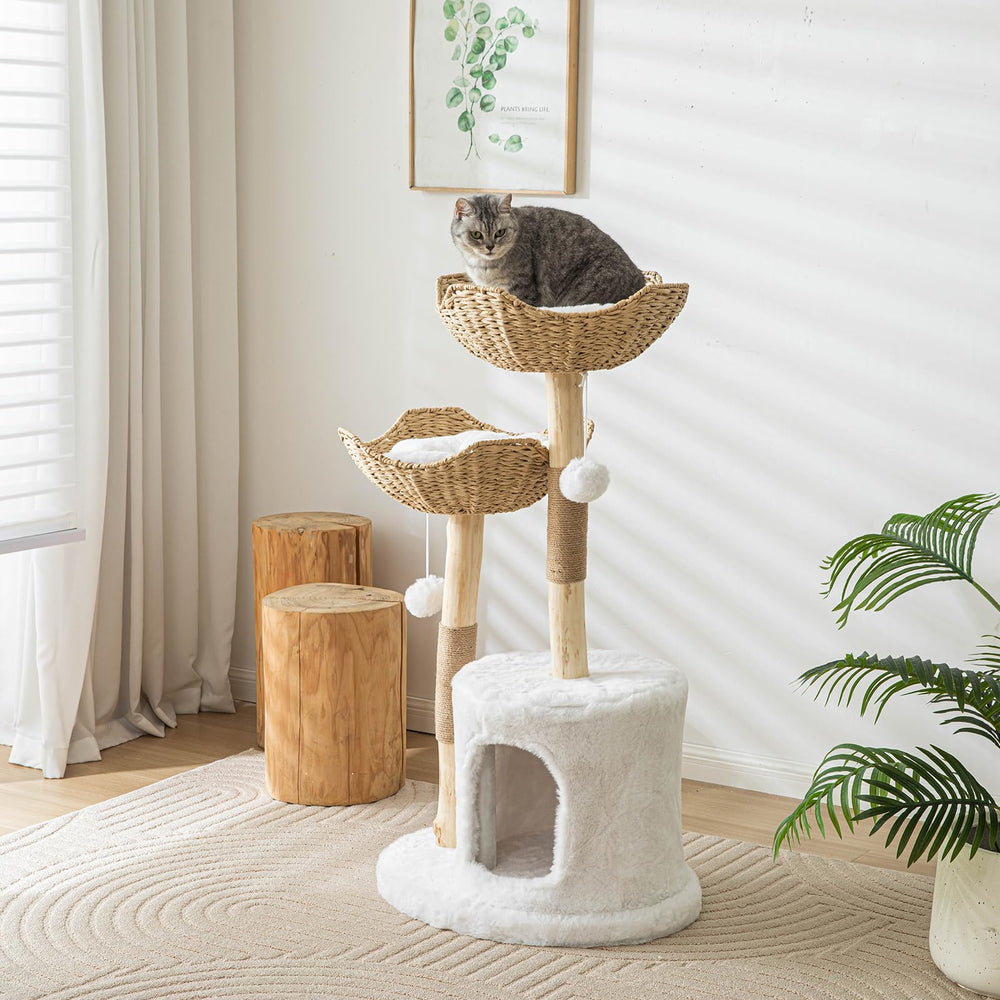 PISARRY Cat Tree Tower features two handcrafted rattan baskets with cushions for lounging.