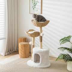 PISARRY Cat Tree Tower features two handcrafted rattan baskets with cushions for lounging.