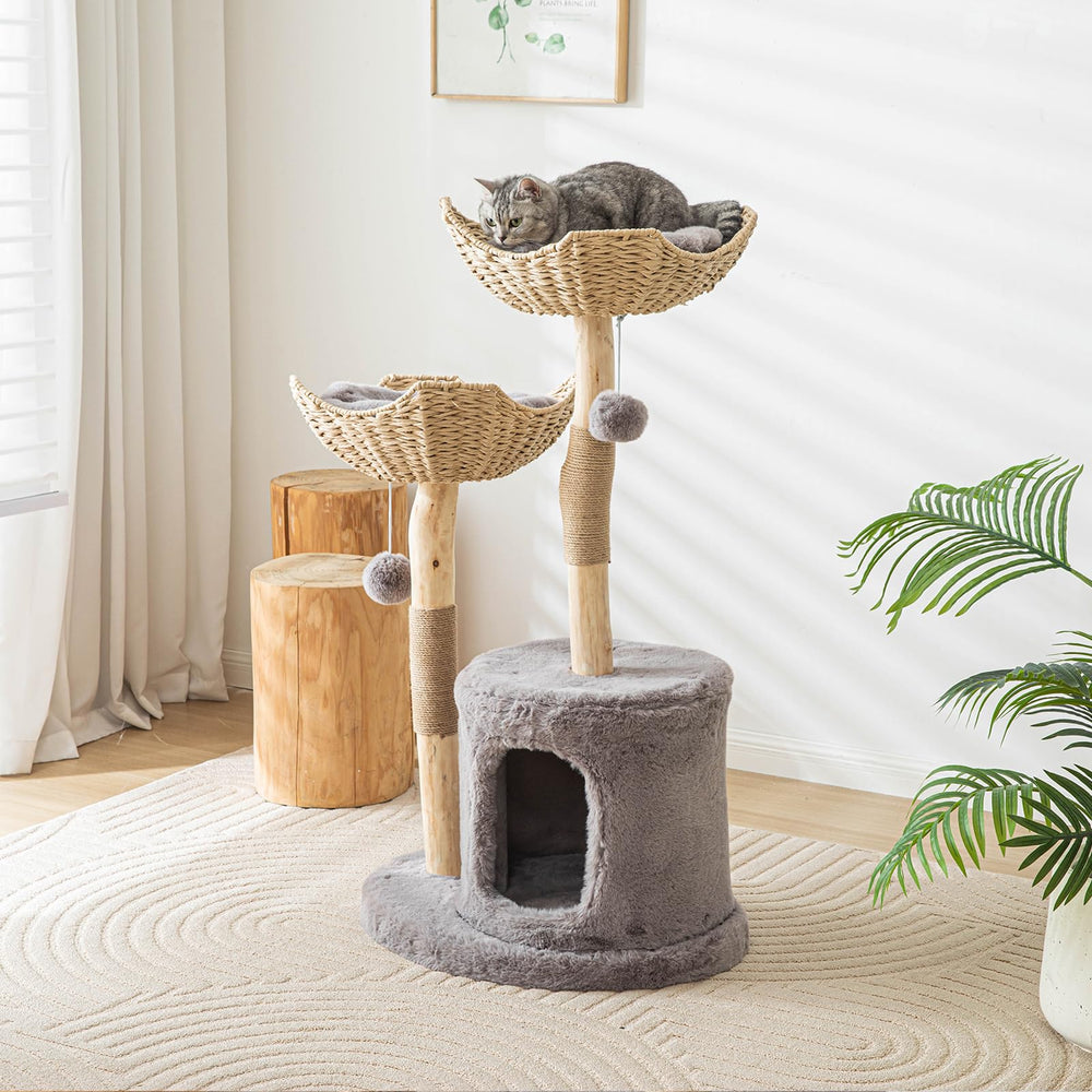 PISARRY modern cat tree with rattan baskets and cushions provides cozy retreats