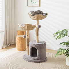 PISARRY modern cat tree with rattan baskets and cushions provides cozy retreats