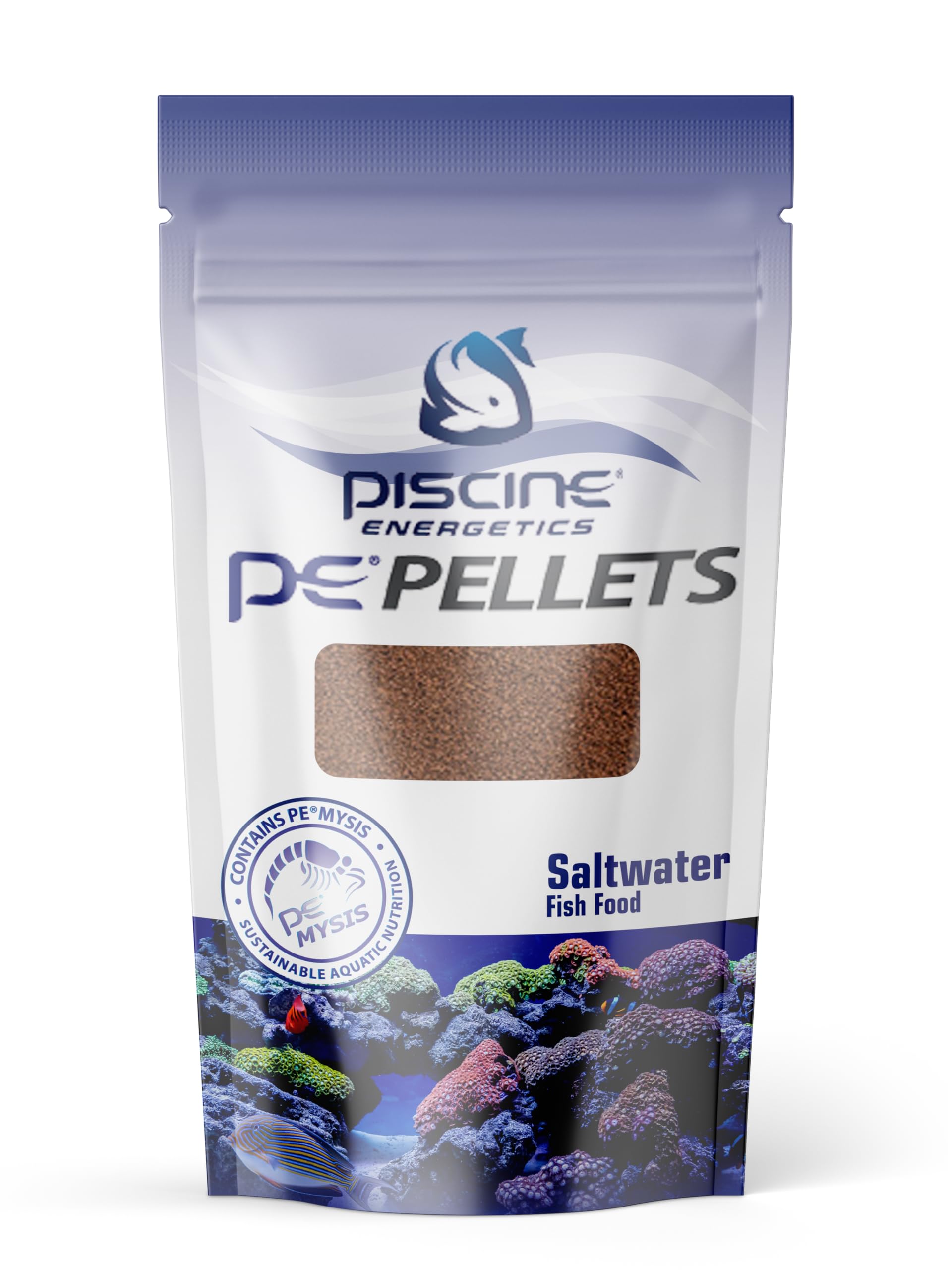 Piscine Energetics PE Pellets 1mm 2oz package—palatable saltwater diet promoting vibrant coloration.