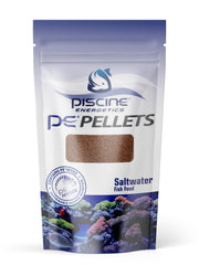 Piscine Energetics PE Pellets 1mm 2oz package—palatable saltwater diet promoting vibrant coloration.