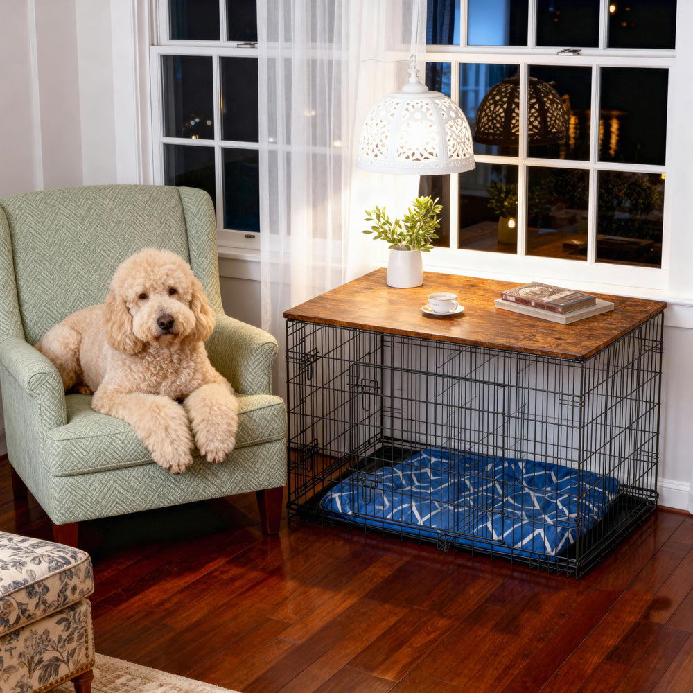 Piskyet dog crate topper 42-inch Rustic Brown finish for a warm, classic look.