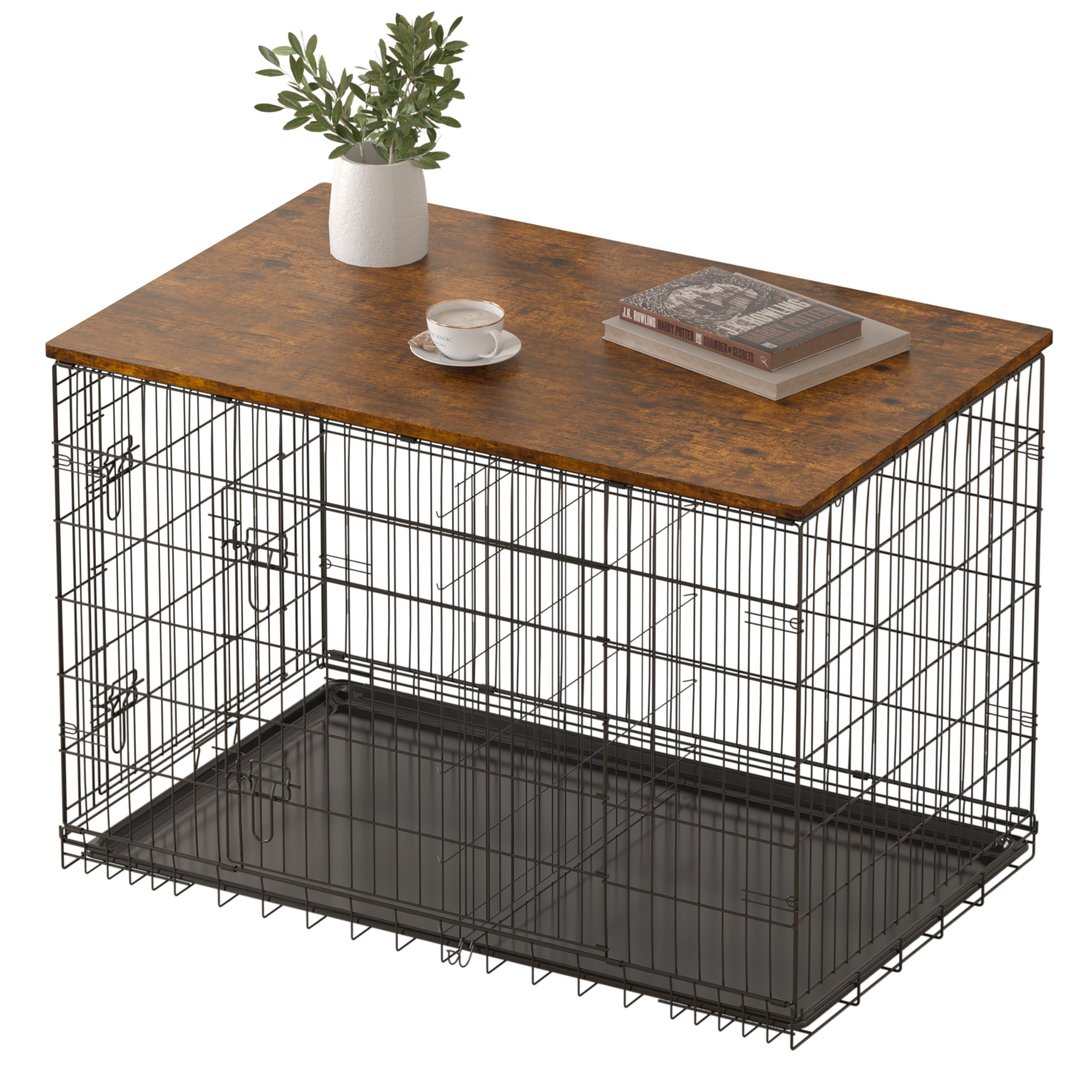 Piskyet Dog Crate Topper Rustic Brown 42 inch installed for a cleaner, organized space