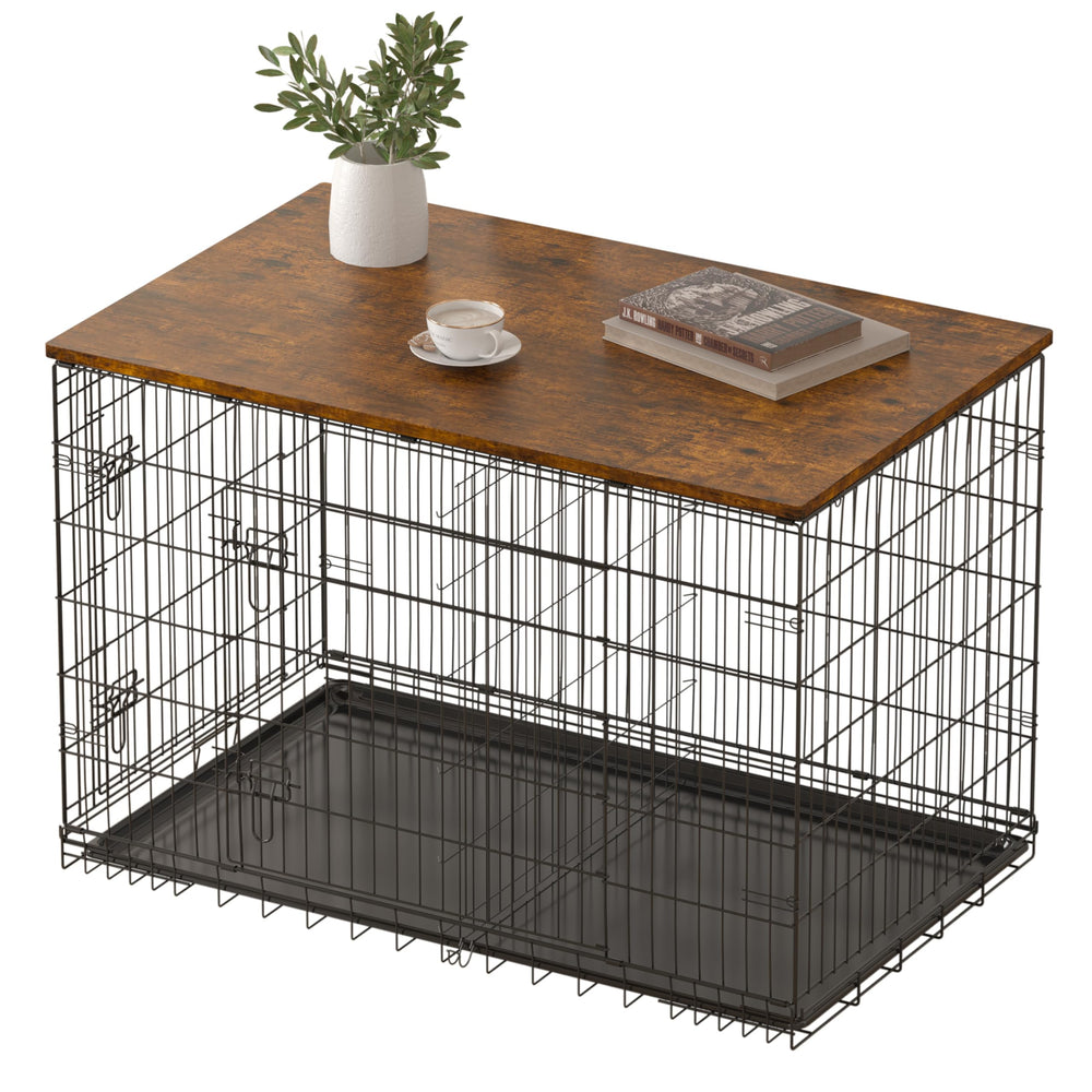 Piskyet Dog Crate Topper Rustic Brown 42 inch installed for a cleaner, organized space