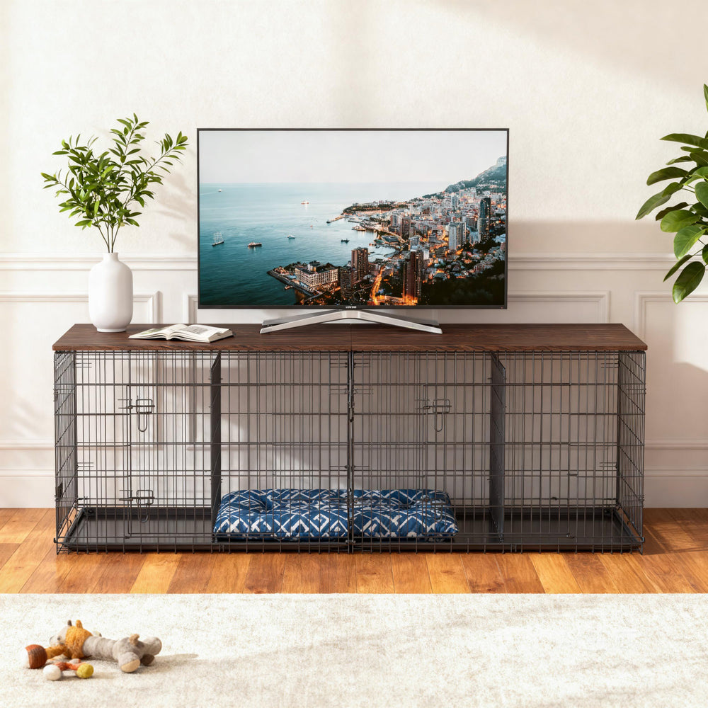 Piskyet dog crate topper walnut seamless docking creates a tidy, integrated look