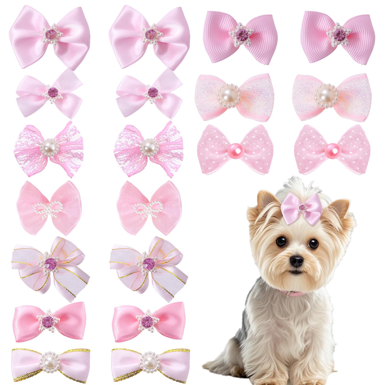 Pistha 20-pcs pink dog bows rhinestones set for cute pets