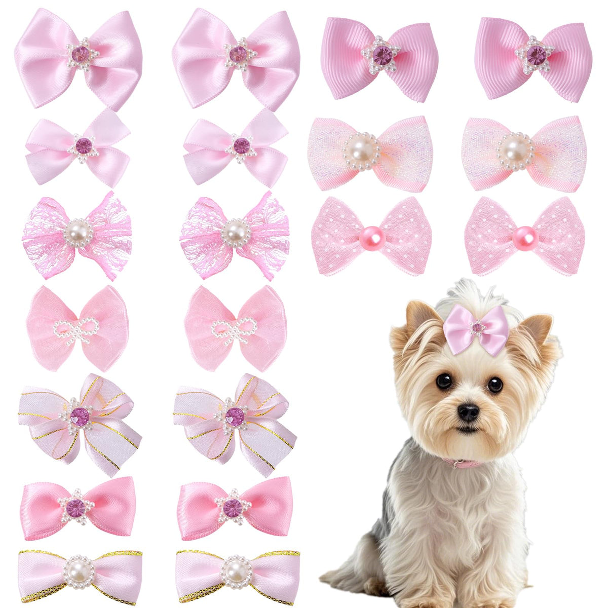 Pistha 20-pcs pink dog bows rhinestones set for cute pets