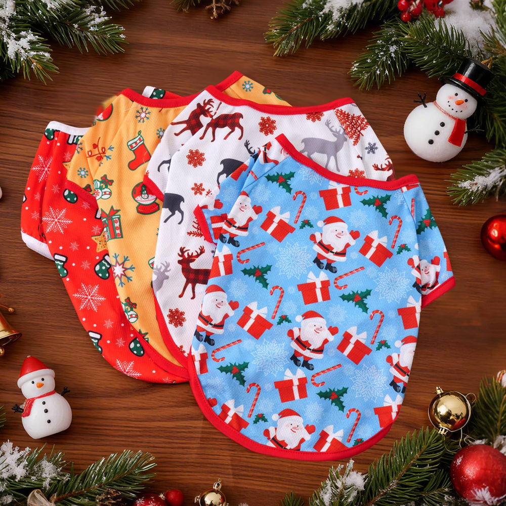 Pistha Christmas dog shirt with stockings and stars pattern for festive flair.