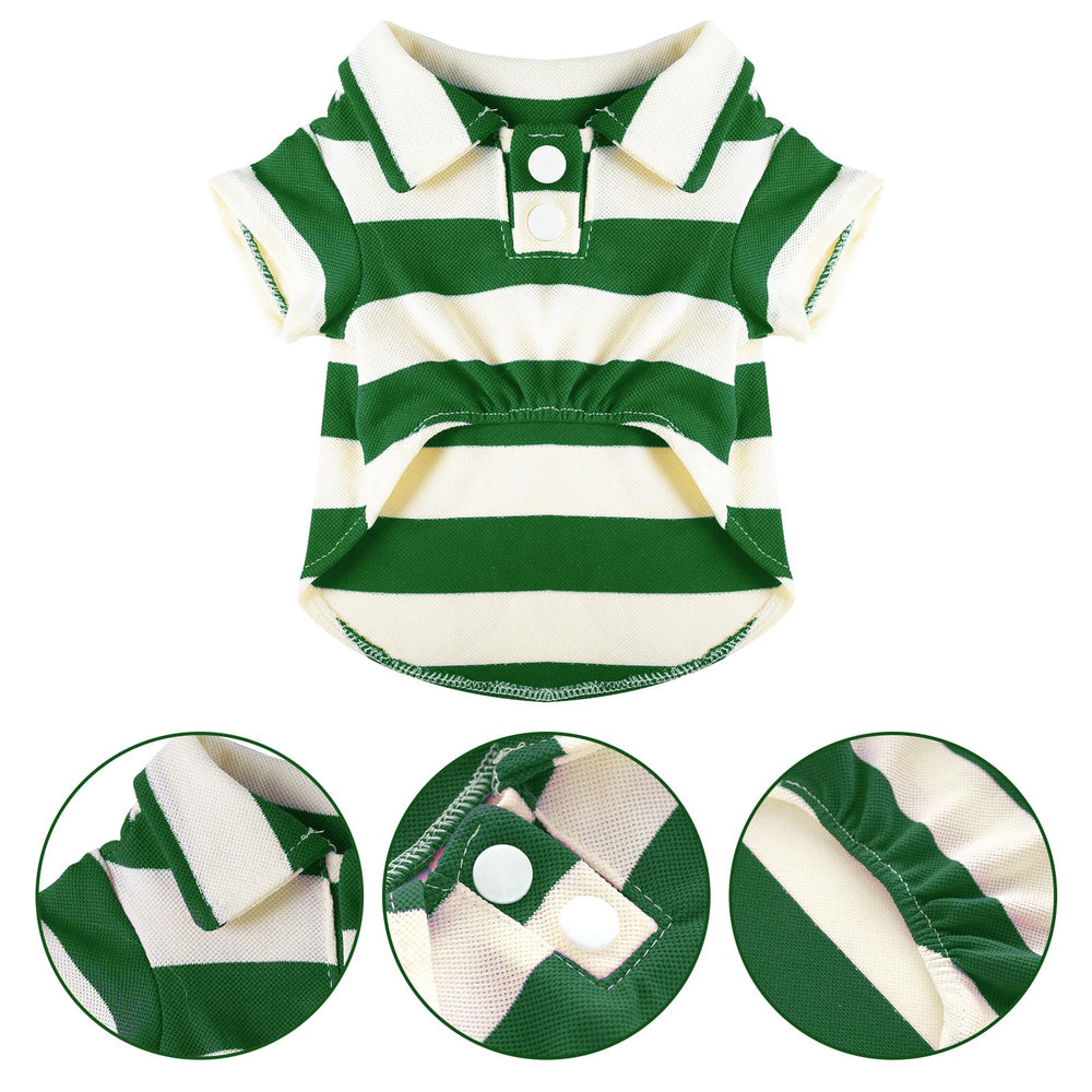 Pistha dog shirt polo striped green white on-dog view demonstrates lightweight cooling fabric
