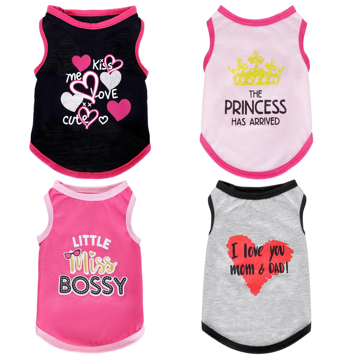Pistha four-pack dog shirts show pink summer prints for small dogs and cats, comfortable summer wear.