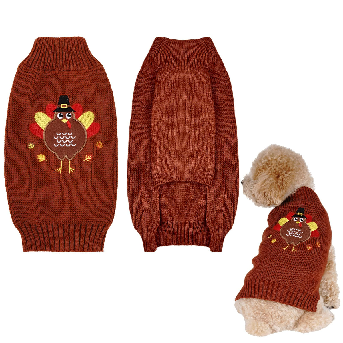 pistha turkey-appliqué sweater on dog for festive photos