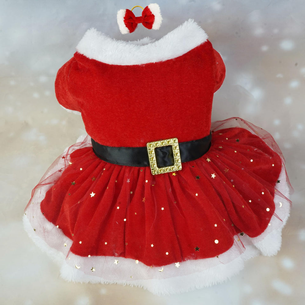 PIXRIY Santa-inspired dog dress in breathable fabric for comfy holiday wear.