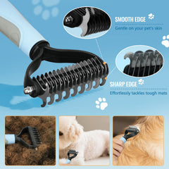 Pjordo 8-in-1 dematting rake double-sided image emphasizes pain-free grooming.