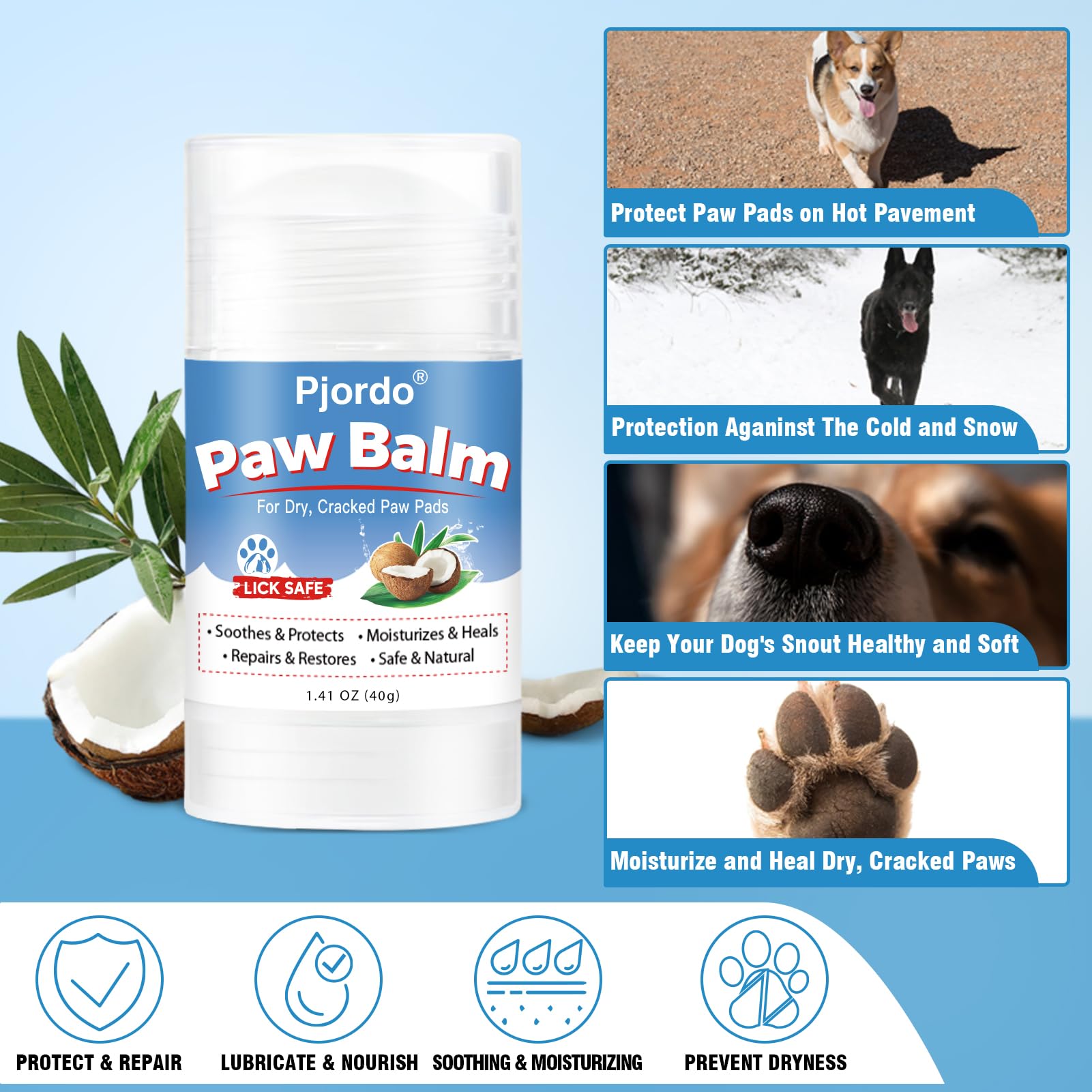 Pjordo nose and paw balm offers heat protection for hot pavements and cold days