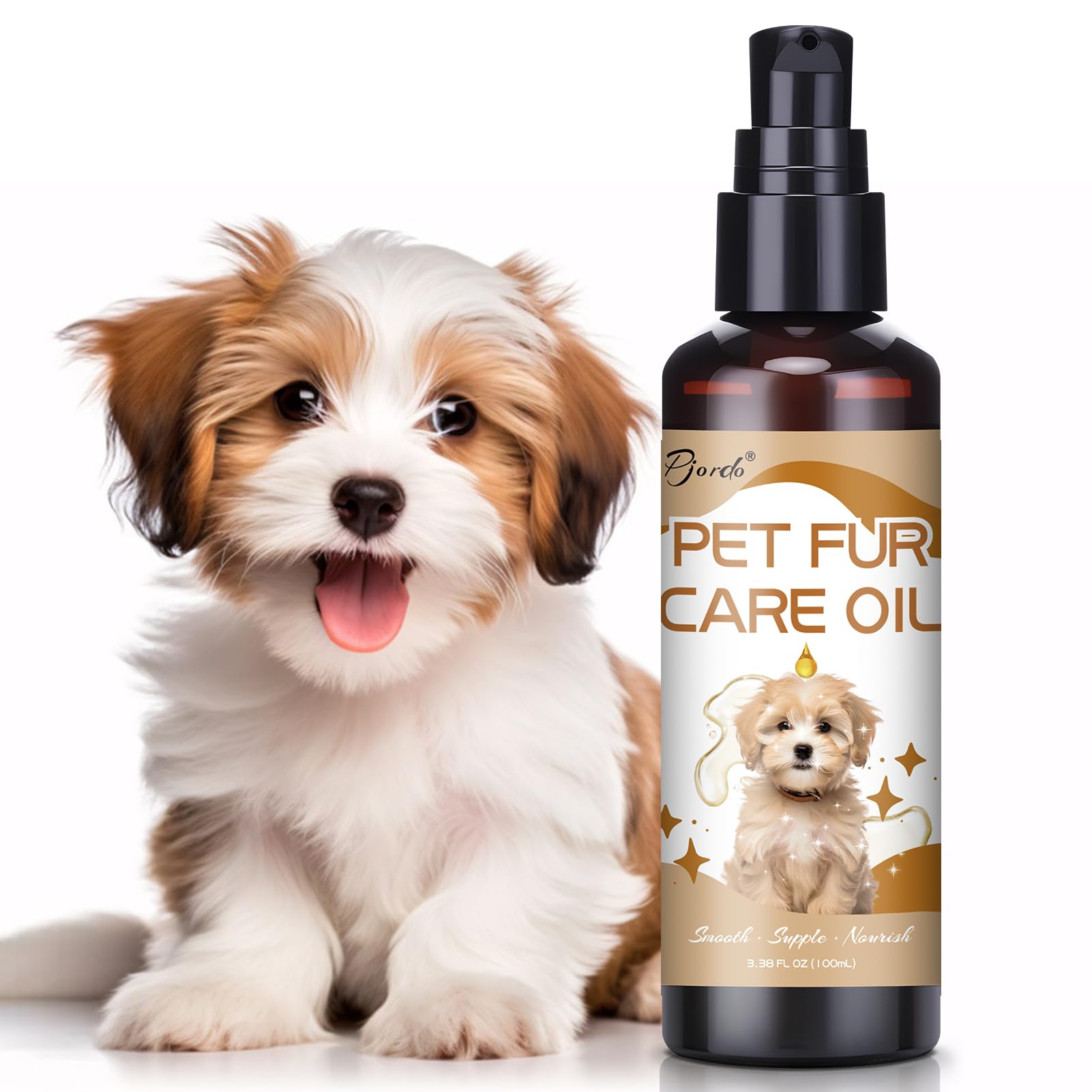Pjordo Pet Fur Care Oil bottle pour highlights easy application and nourishment.