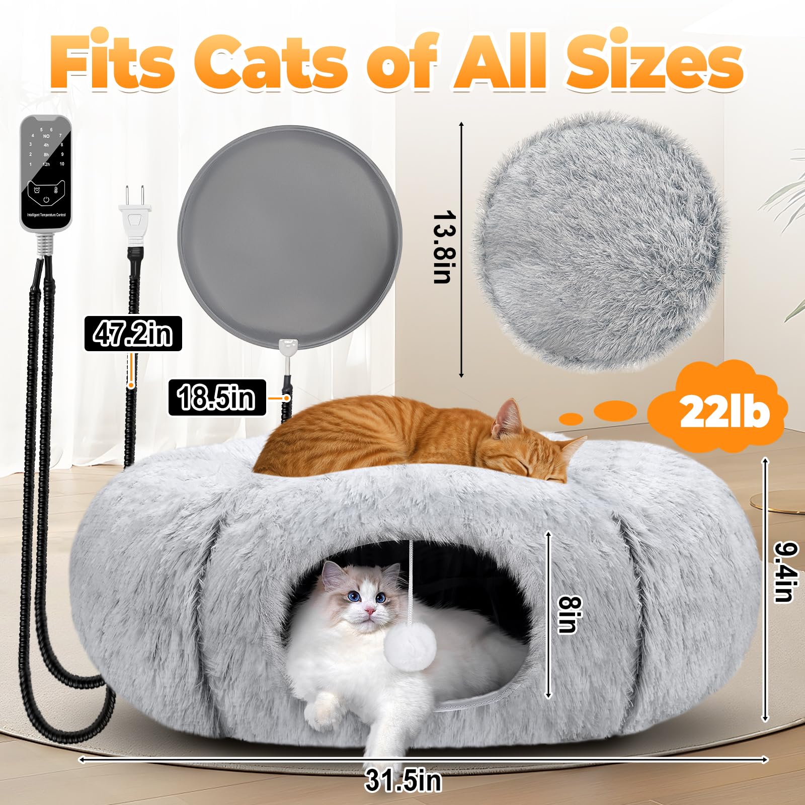 PJT Heated Cat Bed safety 8 layer highlights anti-scratch cord and overheating protection.