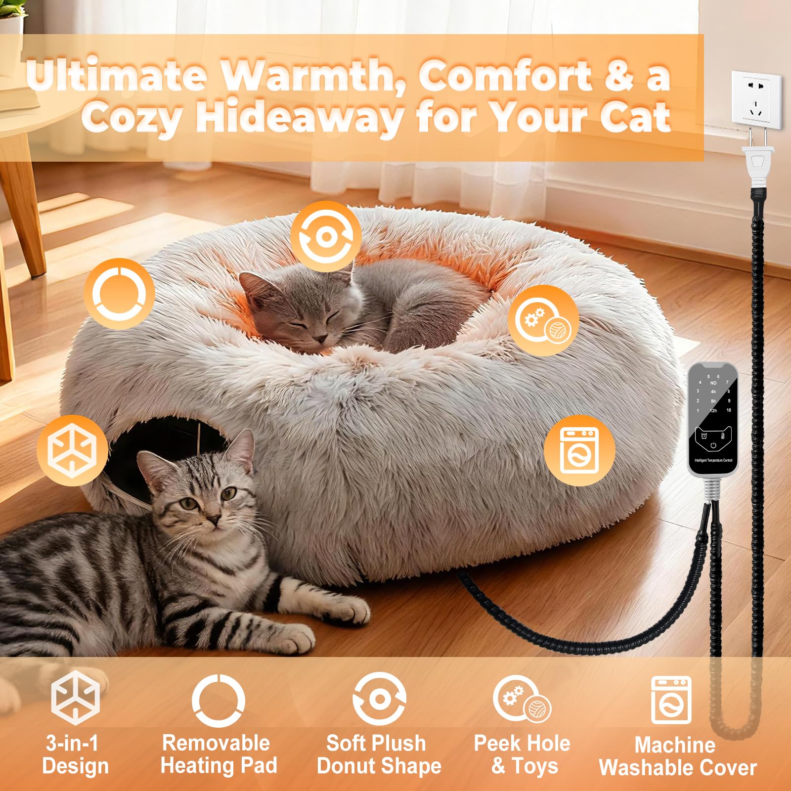 PJT Heated Cat Bed tunnel inside reveals spacious 31.5-inch space for multiple cats.