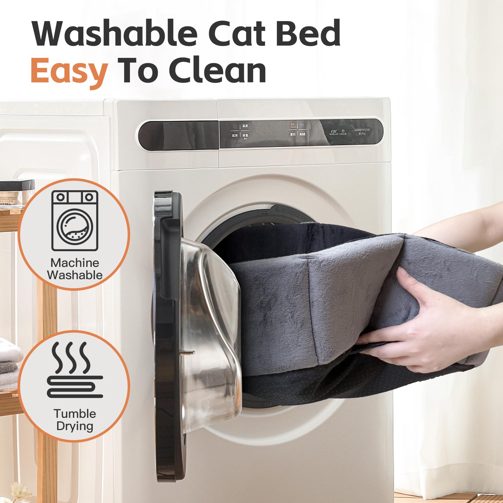 PJYuCien cat bed shows outer 20" inner 18" dimensions for medium pets.