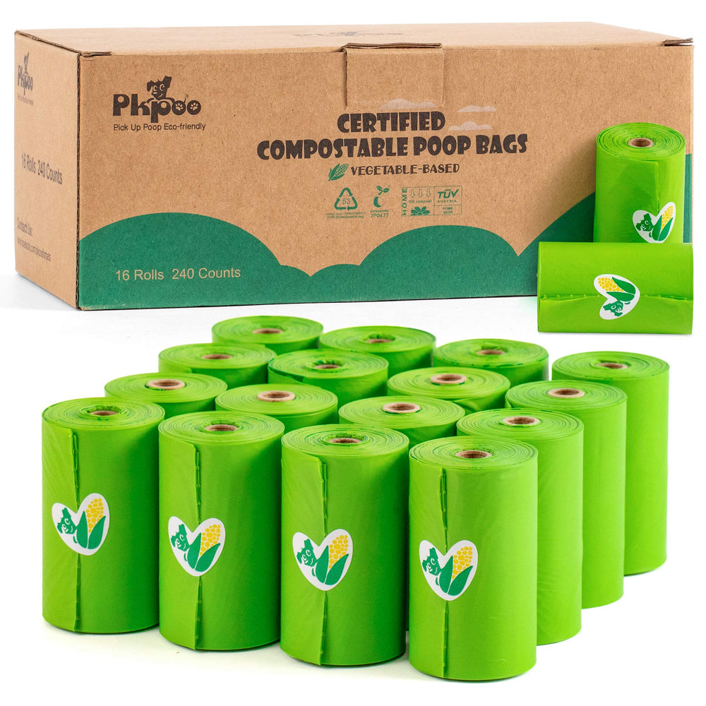 Pkpoo compostable dog poop bags pack with 8 rolls, convenient for walks and eco-friendly disposal.
