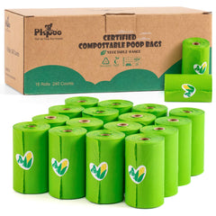 Pkpoo compostable dog poop bags pack with 8 rolls, convenient for walks and eco-friendly disposal.