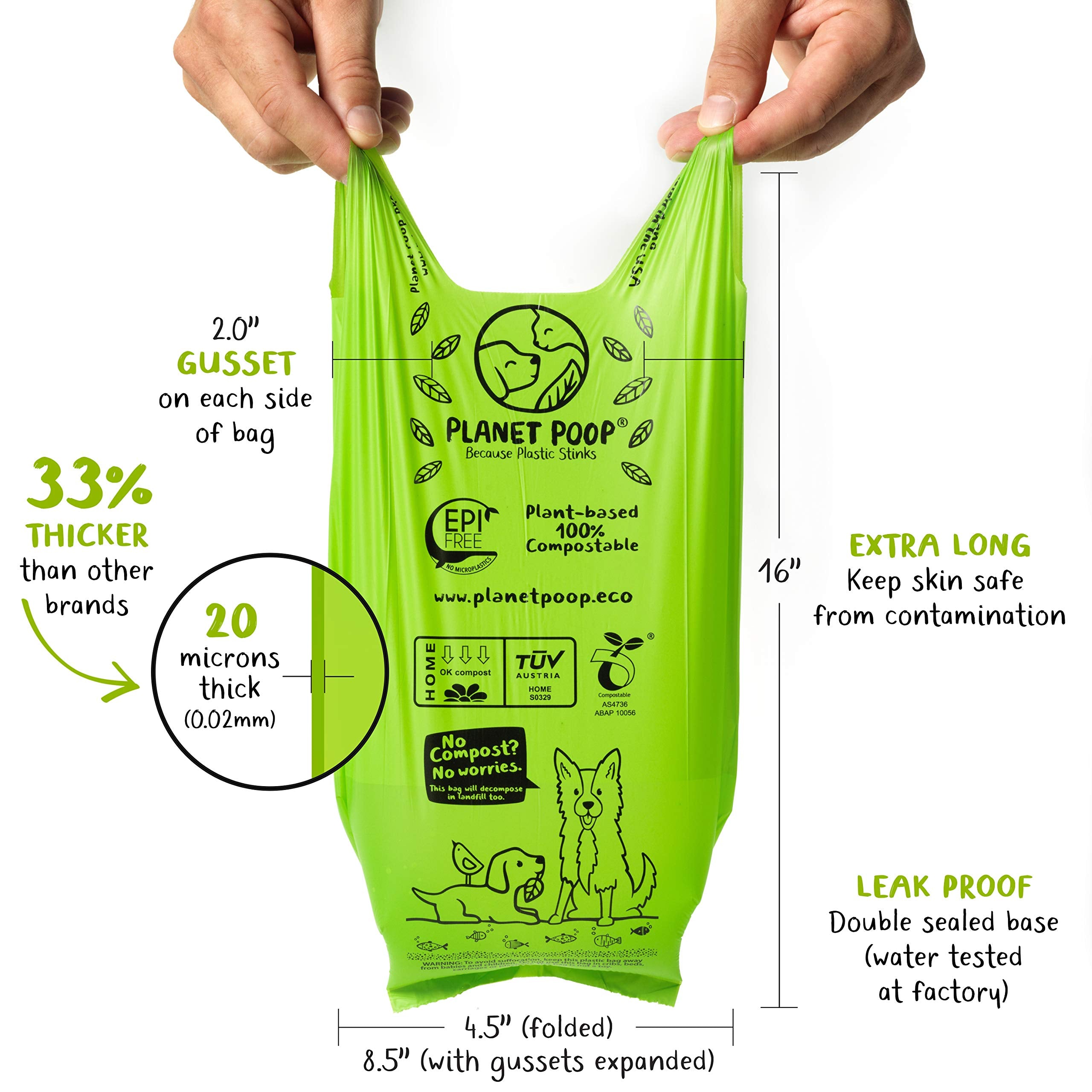 PLANET POOP compostable plant-based bags reduce plastic waste for eco-conscious owners
