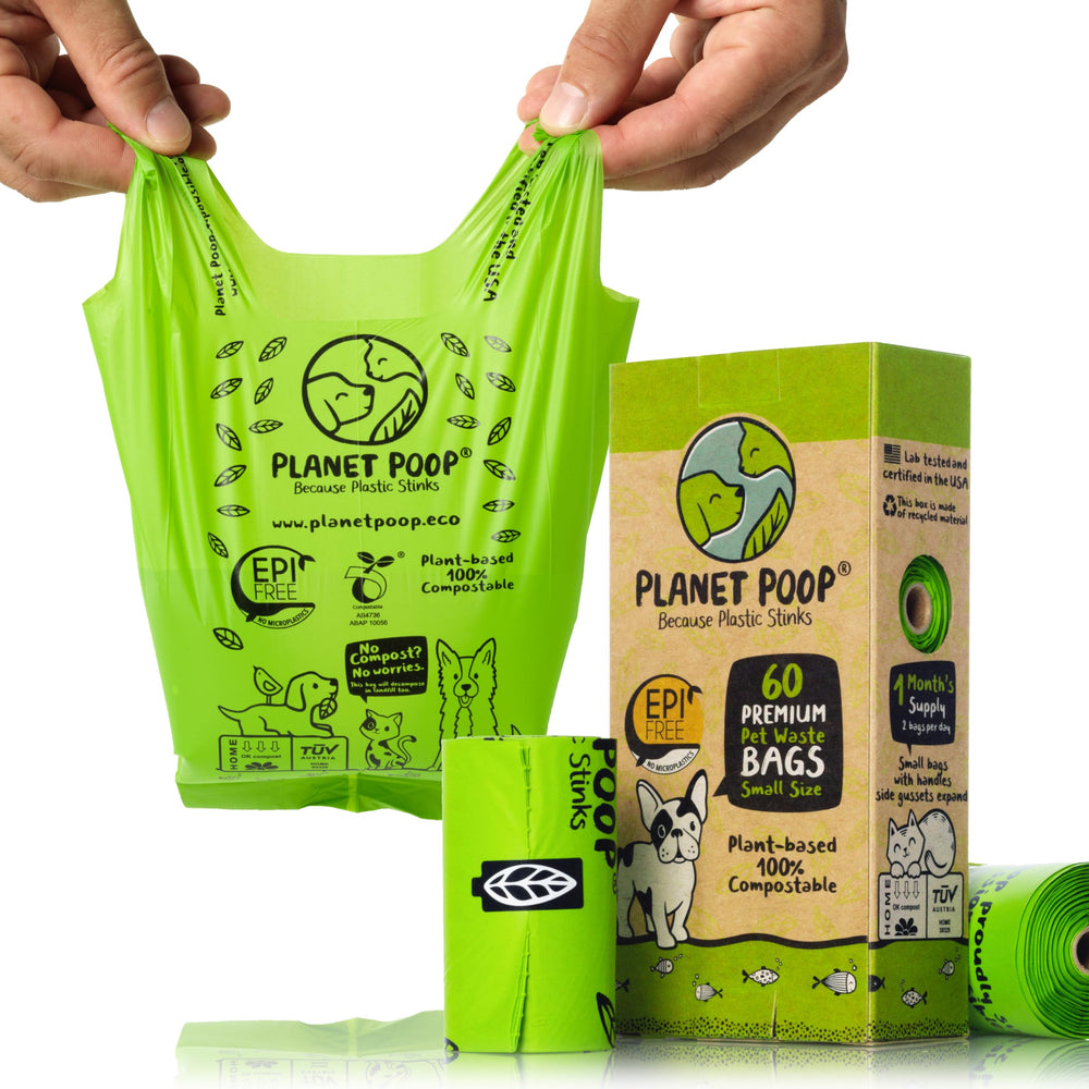 Planet Poop mini-size bags with handles for easy pickup on walks.