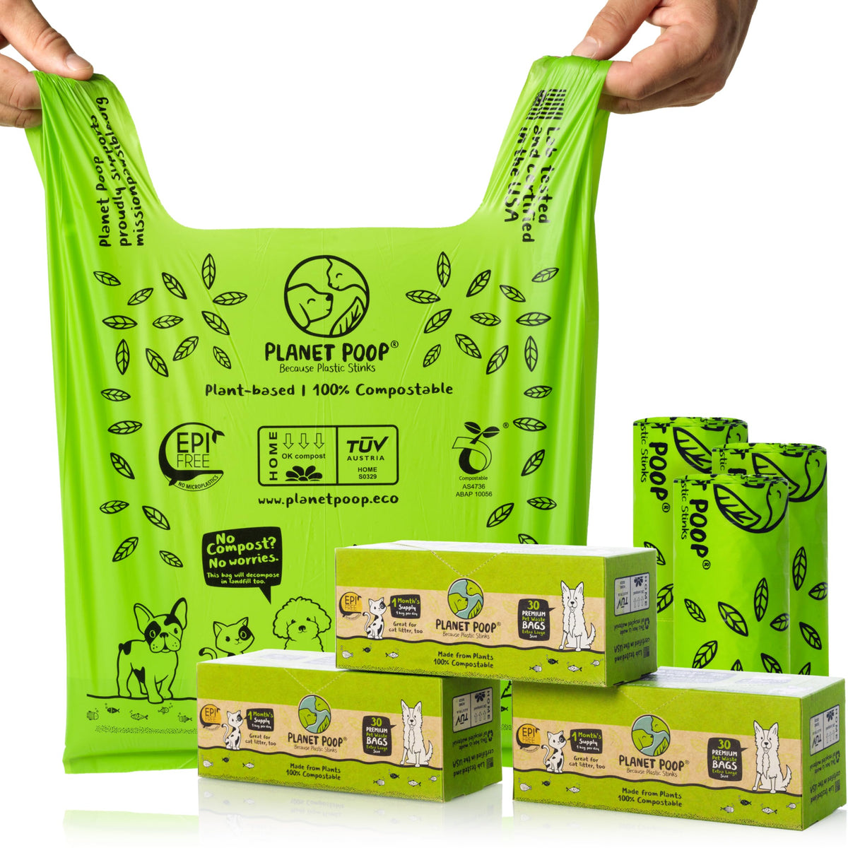 Planet Poop compostable bags pack showing eco-friendly waste disposal option