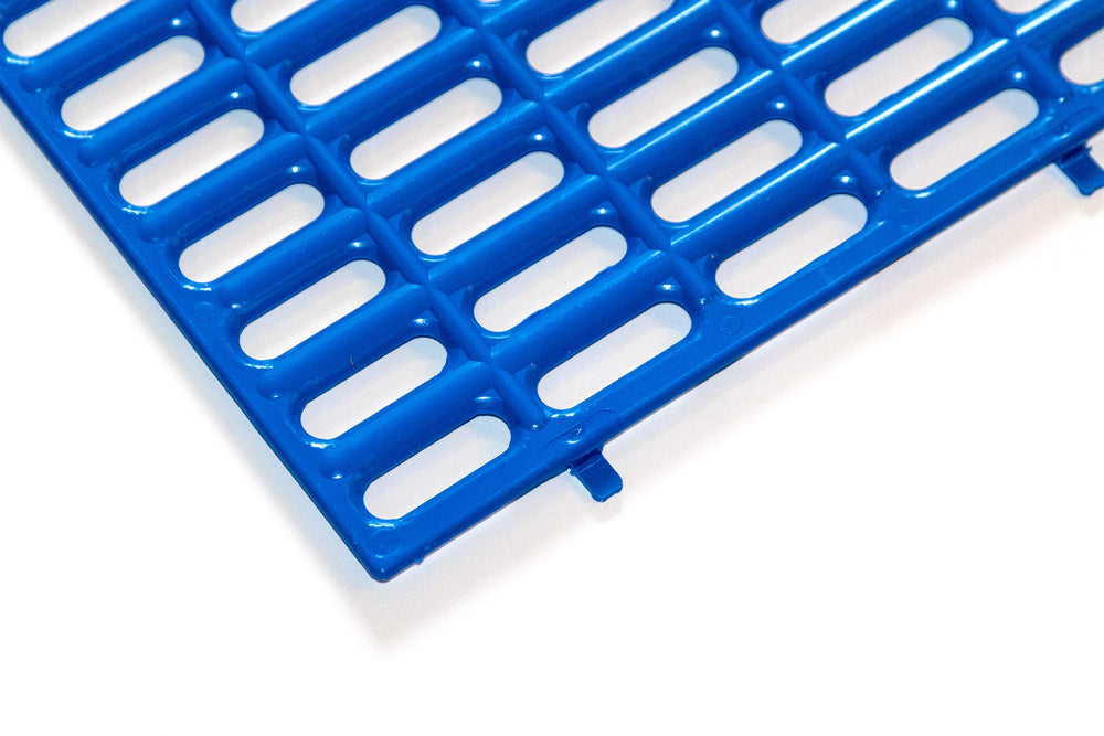 Planet Rabbit rabbit cage resting mat blue tabs-installation demonstrates secure fit to wire cages