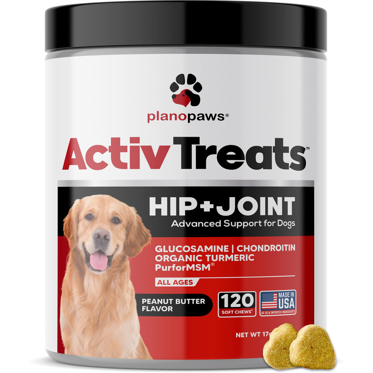 Planopaws ActivTreats soft chews in peanut butter promote joint mobility.
