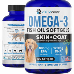 Planopaws Omega-3 dog bottle closeup showing easy dosing for daily use.