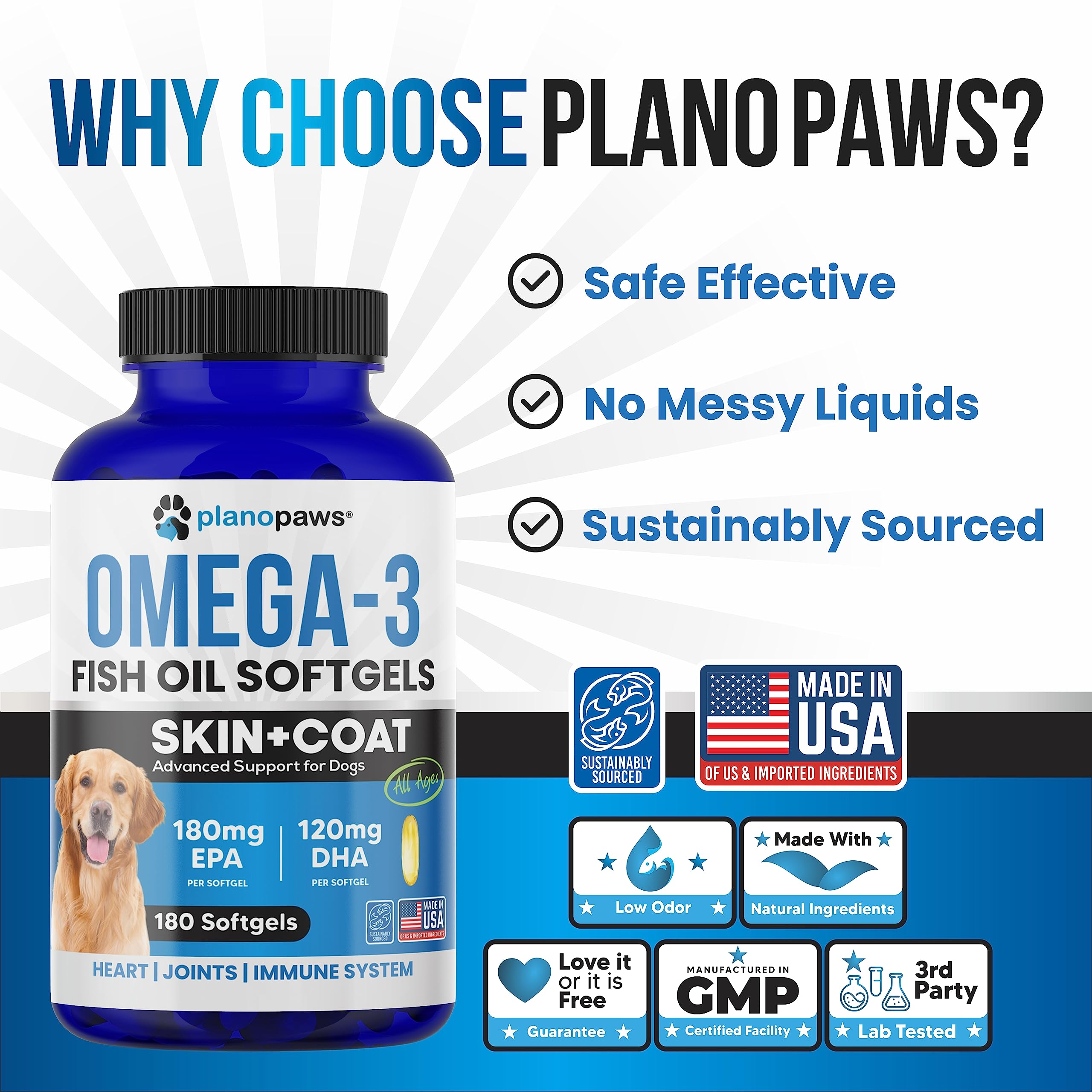 Planopaws Omega-3 dog ingredients label highlights fish oil sources and safety.